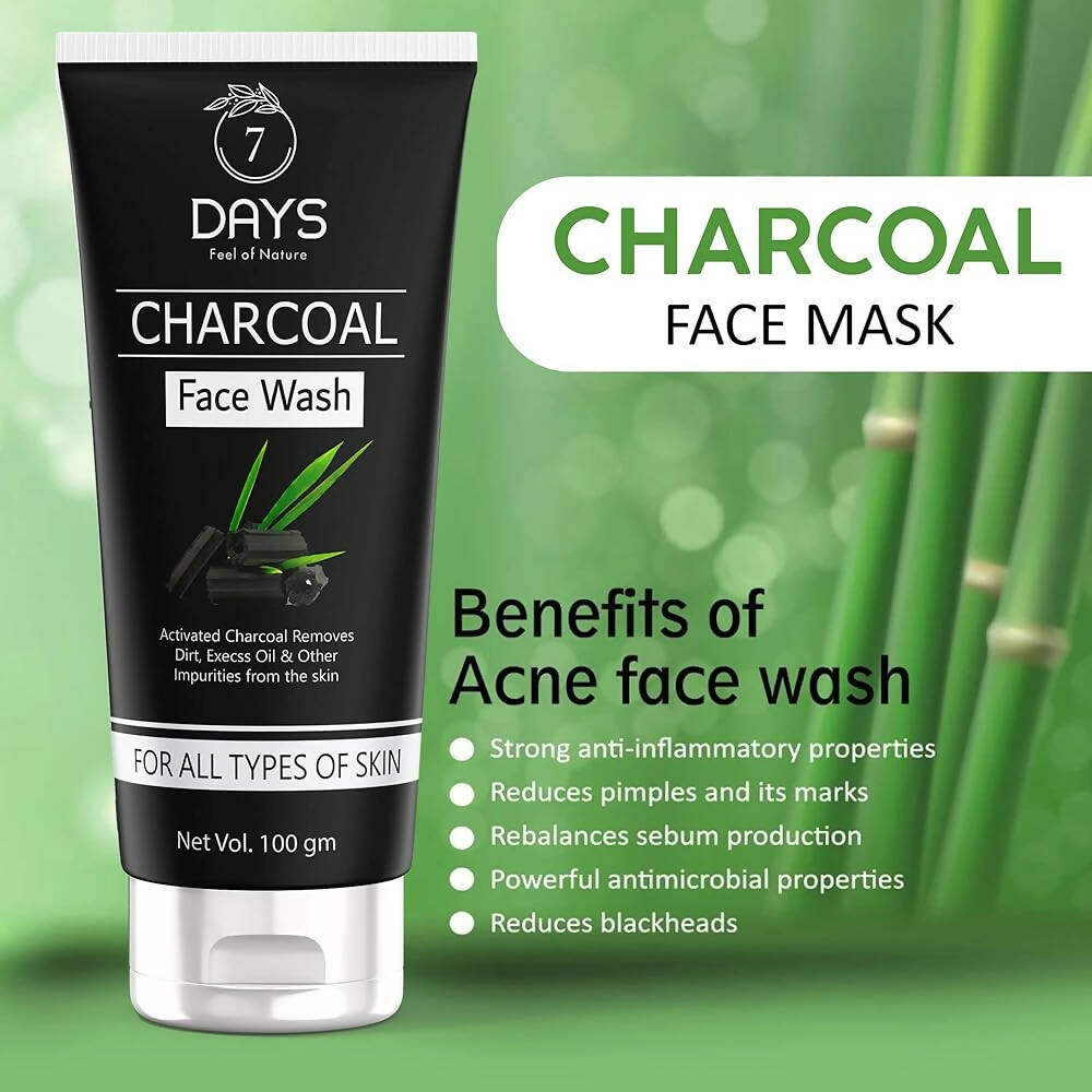 Tube of 7 Days Charcoal Face Wash with benefits listed on a green background