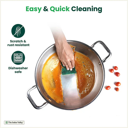 The Indus Valley TurboCuk Tri-ply Stainless Steel Kadai+ Steel Lid, Premium Quality, 3 Layer Thick Body, 100% Toxin-free, Non-stick, Induction & Gas, 3L/3.5L/3.9L/4.5L