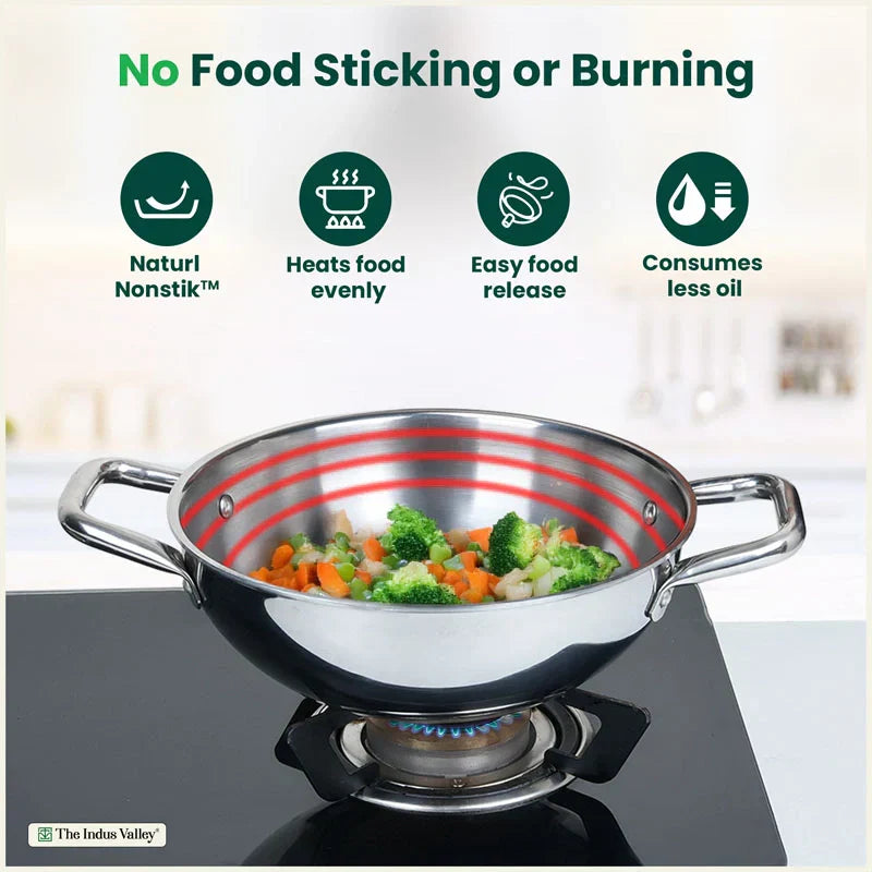 The Indus Valley TurboCuk Tri-ply Stainless Steel Cookware Set: 24cm Kadai with Lid + 22cm Fry Pan + 16cm Sauce pan, Premium Quality, 3 Layer Thick Body, 100% Toxin-free, Non-stick, Induction & Gas