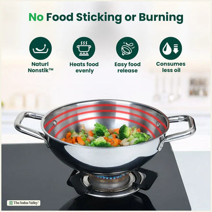 The Indus Valley TurboCuk Tri-ply Stainless Steel Cookware Set: 24cm Kadai with Lid + 22cm Fry Pan + 16cm Sauce pan, Premium Quality, 3 Layer Thick Body, 100% Toxin-free, Non-stick, Induction & Gas