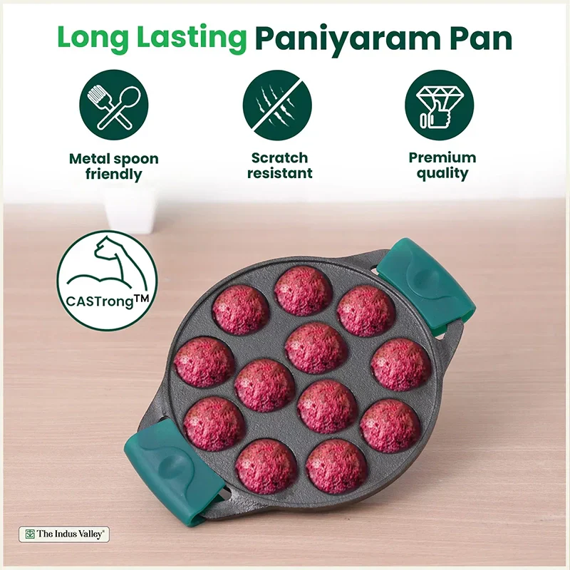 The Indus Valley 12 Pit/Cup CASTrong Cast Iron Paniyaram/Appe Pan, Pre-seasoned, with Double Handle Silicone Grip,Toxin-free, 20.8 cm, 2.2 kg