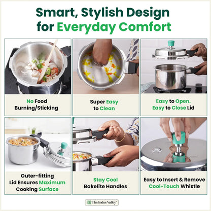 The Indus Valley RapidCuk Tri-ply Stainless Steel Pressure Cooker, Premium Quality, 3 Layer Thick Body, Heavy Bottom, 100% Safe, ISI Certified, Induction & Gas, 2/3/5L