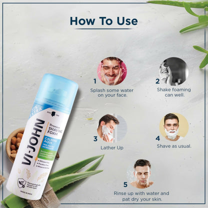 VI-JOHN Dermatologically Tested Premium Claming Aqua Shaving Foam Enriched with Aloevera & Almond Oil Free From Silicone, Paraben & Mineral Oil