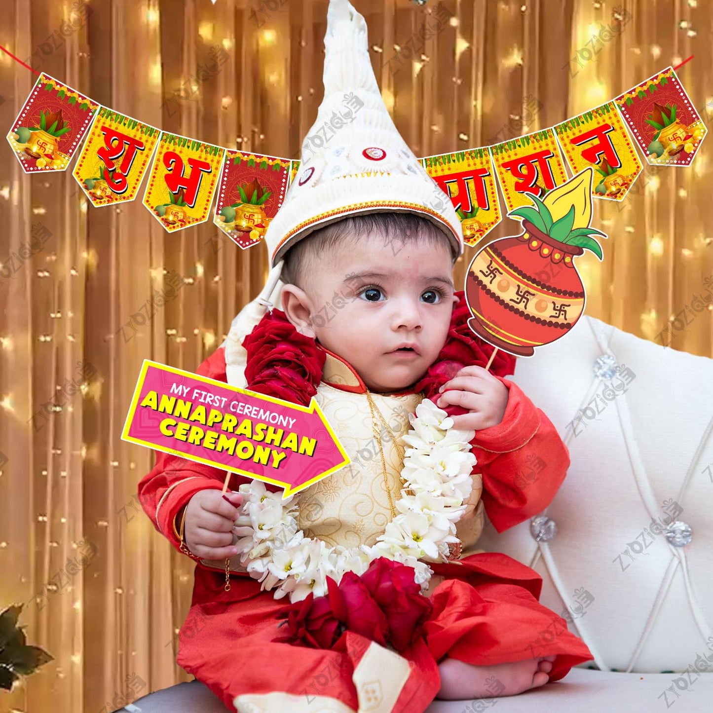 Annaprasanam Photo Booth Props with Annaprasanam Paper Bunting Paper Banner Hindi Font Shubh Annaprashan | Rice Ceremony Decorations Items (Pack of 18)
