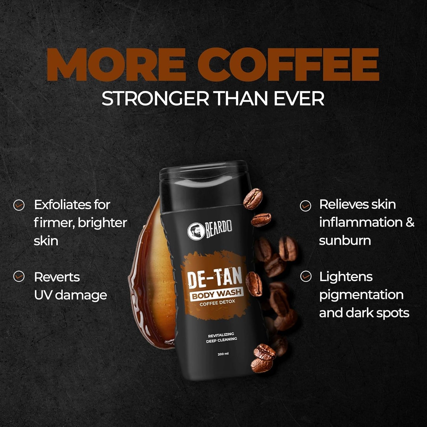 Beardo De-Tan Body Wash for Men, 200ml | Tan Removal and Caffeine Body Wash | Detan With Coffee & Aloe Extracts | For Body & Face | Refreshing Fragrance