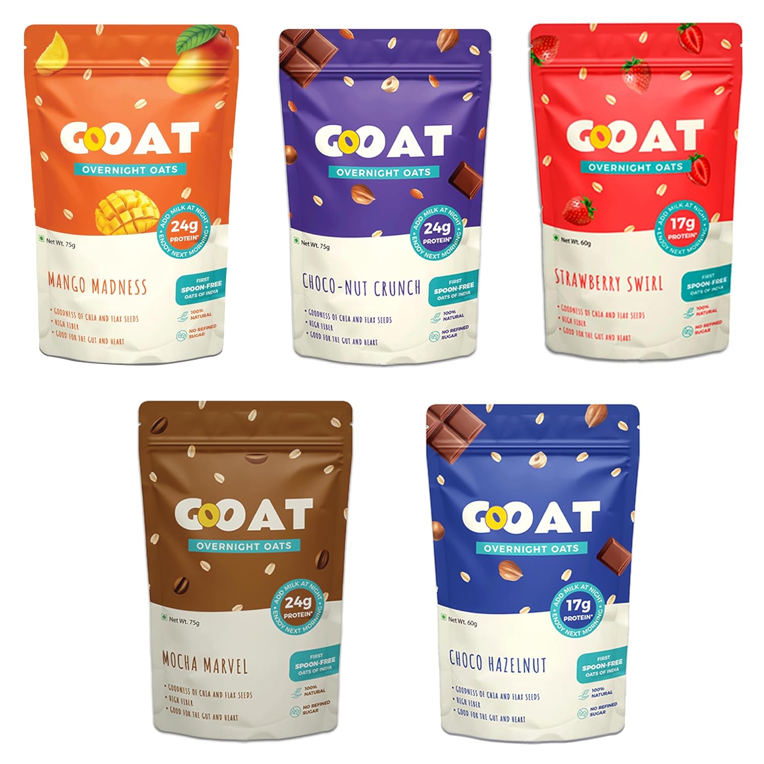 GOAT Life Overnight Oats 420g (Pack of 6) | Assorted High Protein (24g, 17g) | Fibre-Rich,Gluten-Free, No Added Sugar | Instant Breakfast | Supports Weight Management & Muscle Recovery | Healthy Meal