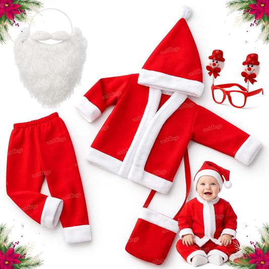 Kids Santa Claus Costume Set with Jacket, Pants, Cap, Goggles, Beard, Pouch