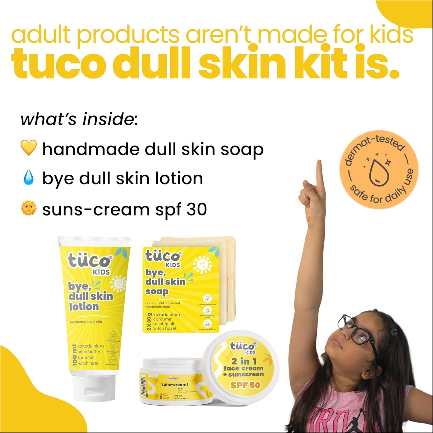 TuCo Kids Dull Skin Kit - Soap (60 gm x 2), Lotion (200 ml) & Sunscreen (50 gm), Safe, Paraben Free & Sulfate Free for Ages 3-15 (Combo Pack of 3)