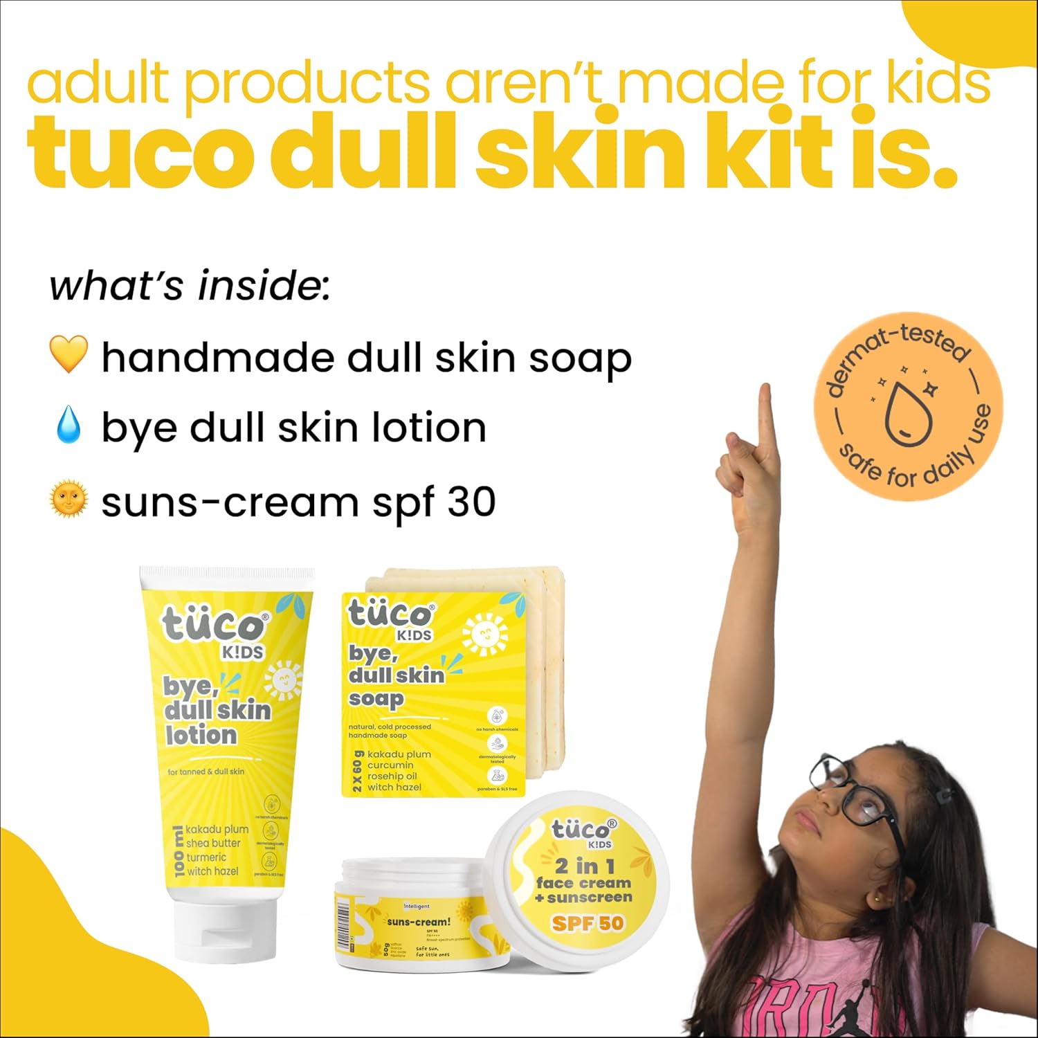 TuCo Kids Dull Skin Kit - Soap (60 gm x 2), Lotion (200 ml) & Sunscreen (50 gm), Safe, Paraben Free & Sulfate Free for Ages 3-15 (Combo Pack of 3)