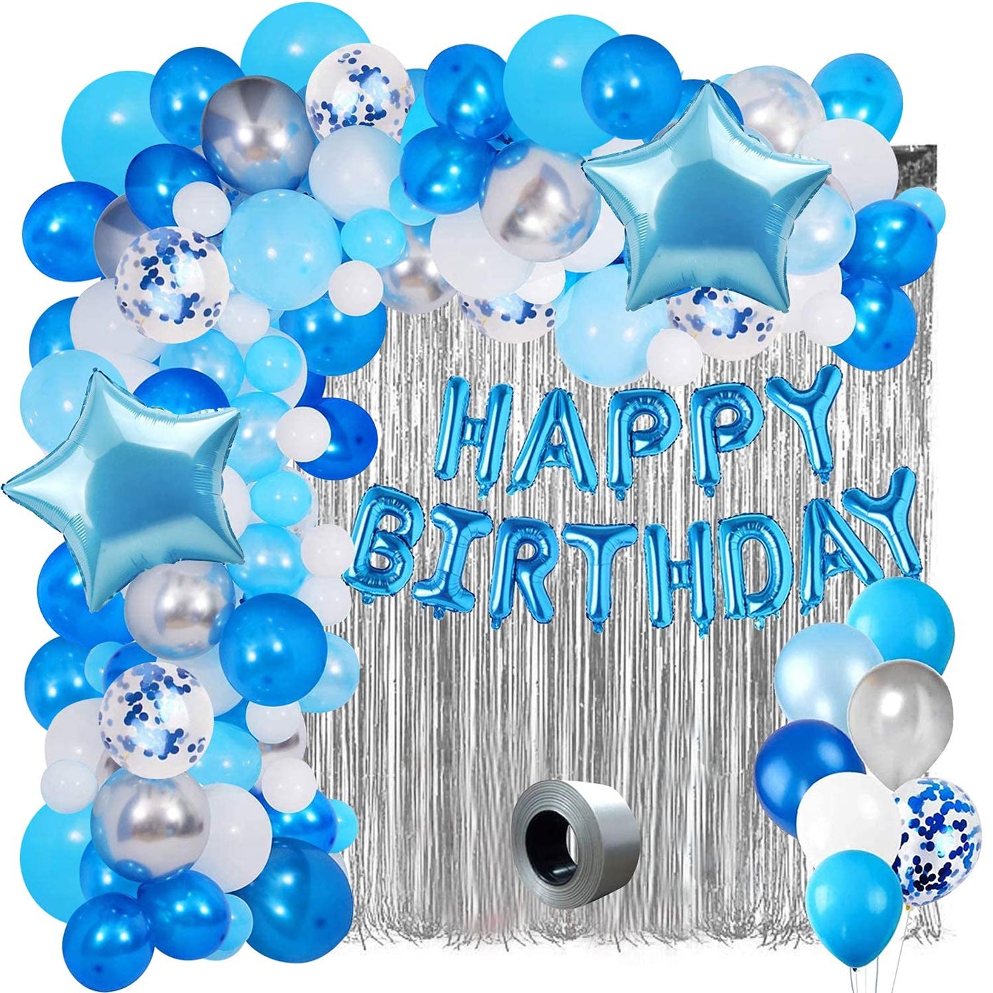 Party Propz Happy Birthday Decoration Kit For Boys- 44 Pcs,Happy Birthday Banner, Fringe Curtains, Balloons for Birthday, Foil Balloons, Baby Birthday Decoration Items Blue