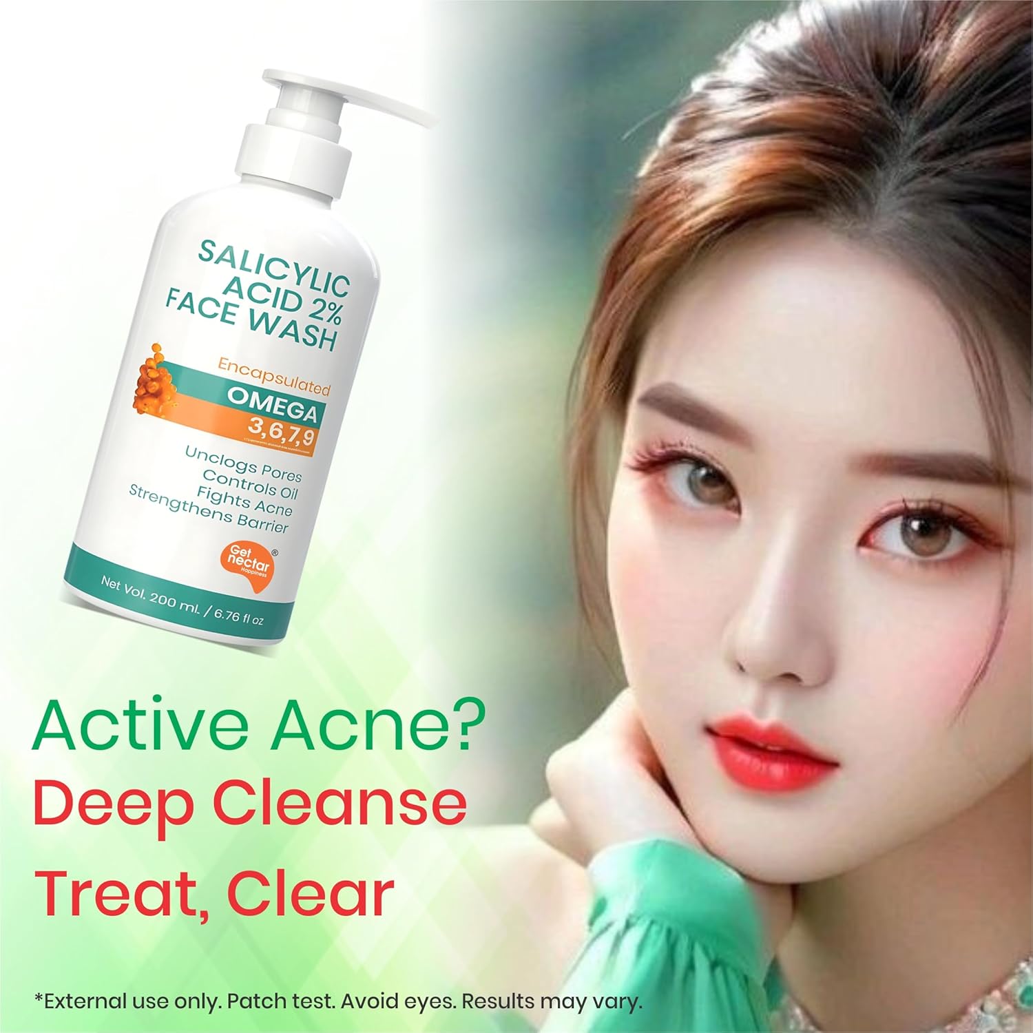 Get Nectar Happiness Korean Glow Essence Face Wash for Oily & Acne-Prone Skin | 2% Salicylic Acid | Encapsulated | Omega 3,6,7,9 | Unclogs Pores, Controls Oil, Fights Acne, Soothes Redness 200ml