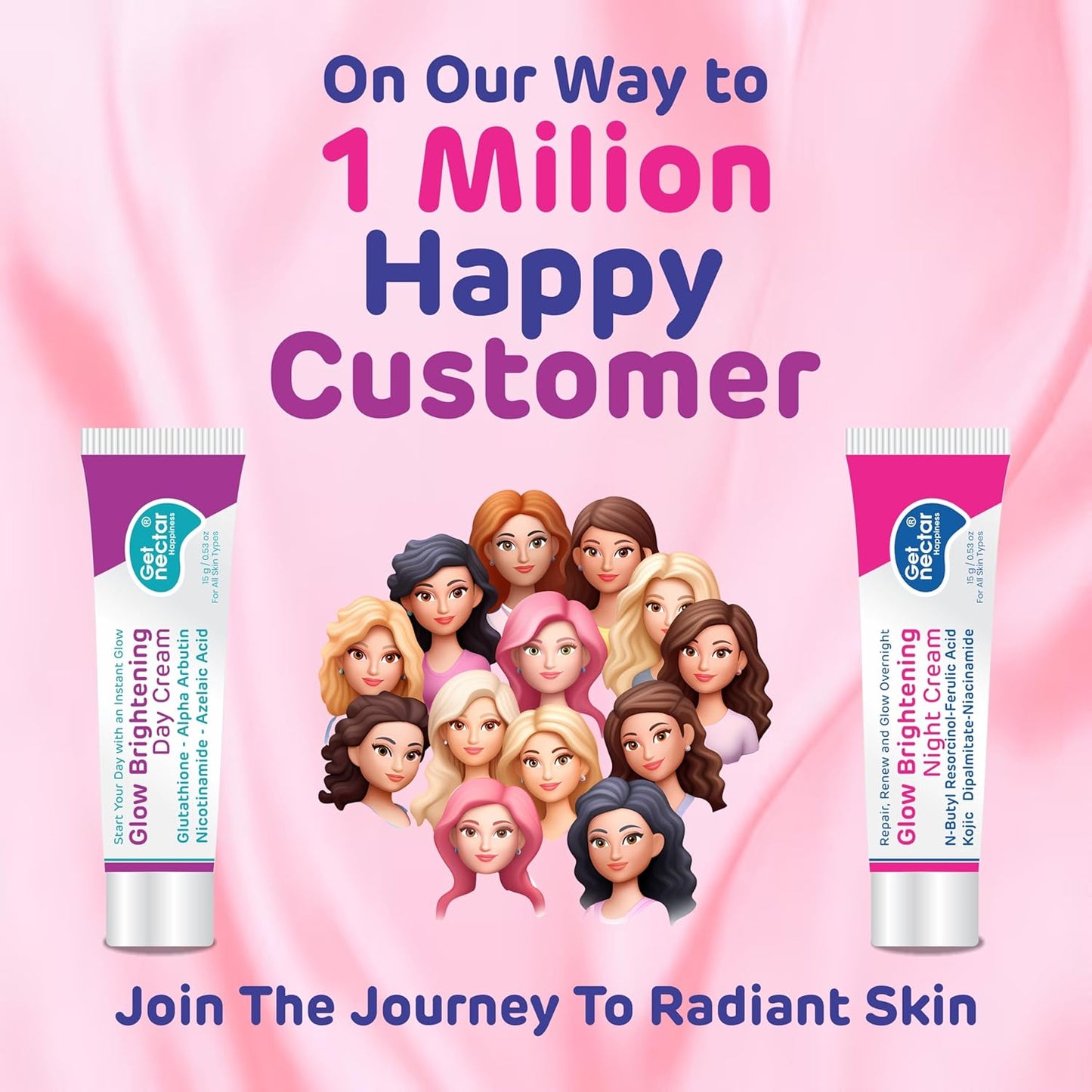 Get Nectar Happiness Glow Brightening Day & Night Cream Duo with Glutathione, Alpha Arbutin, Niacinamide, Kojic Acid & Ferulic Acid for Dark Spots, Pigmentation, Tan Removal & Glowing Skin for Men & Women Lightweight & Non-Greasy