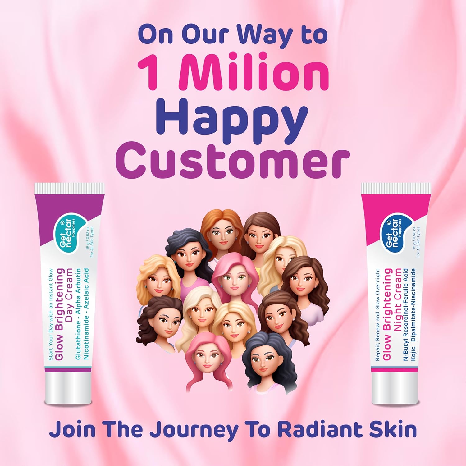 Get Nectar Happiness Glow Brightening Day & Night Cream Duo with Glutathione, Alpha Arbutin, Niacinamide, Kojic Acid & Ferulic Acid for Dark Spots, Pigmentation, Tan Removal & Glowing Skin for Men & Women Lightweight & Non-Greasy