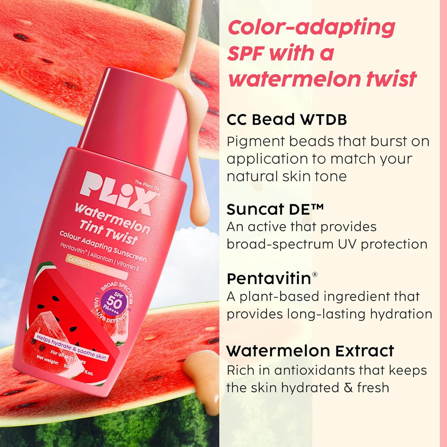 Plix Watermelon Tint SPF 50 Sunscreen for Light Glow & Sun Repair