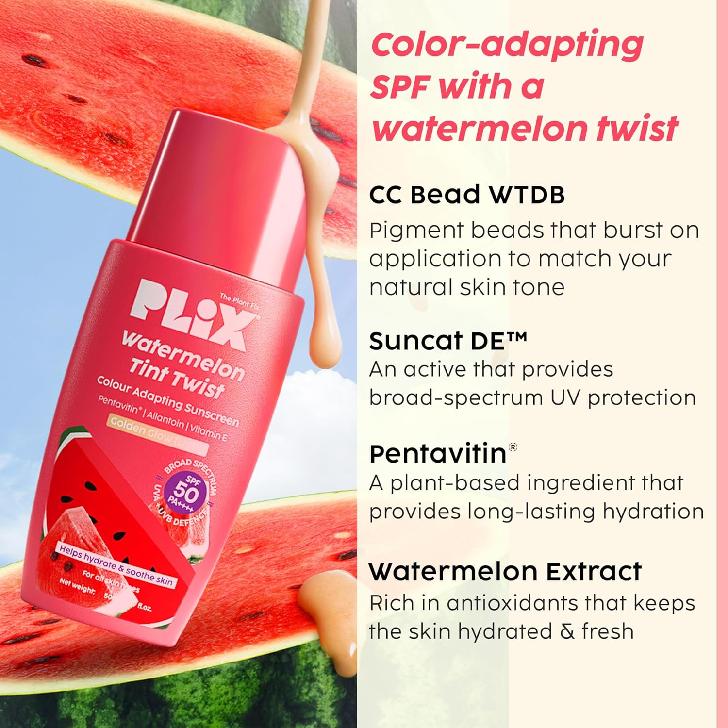 Plix Watermelon Tint SPF 50 Sunscreen for Light Glow & Sun Repair