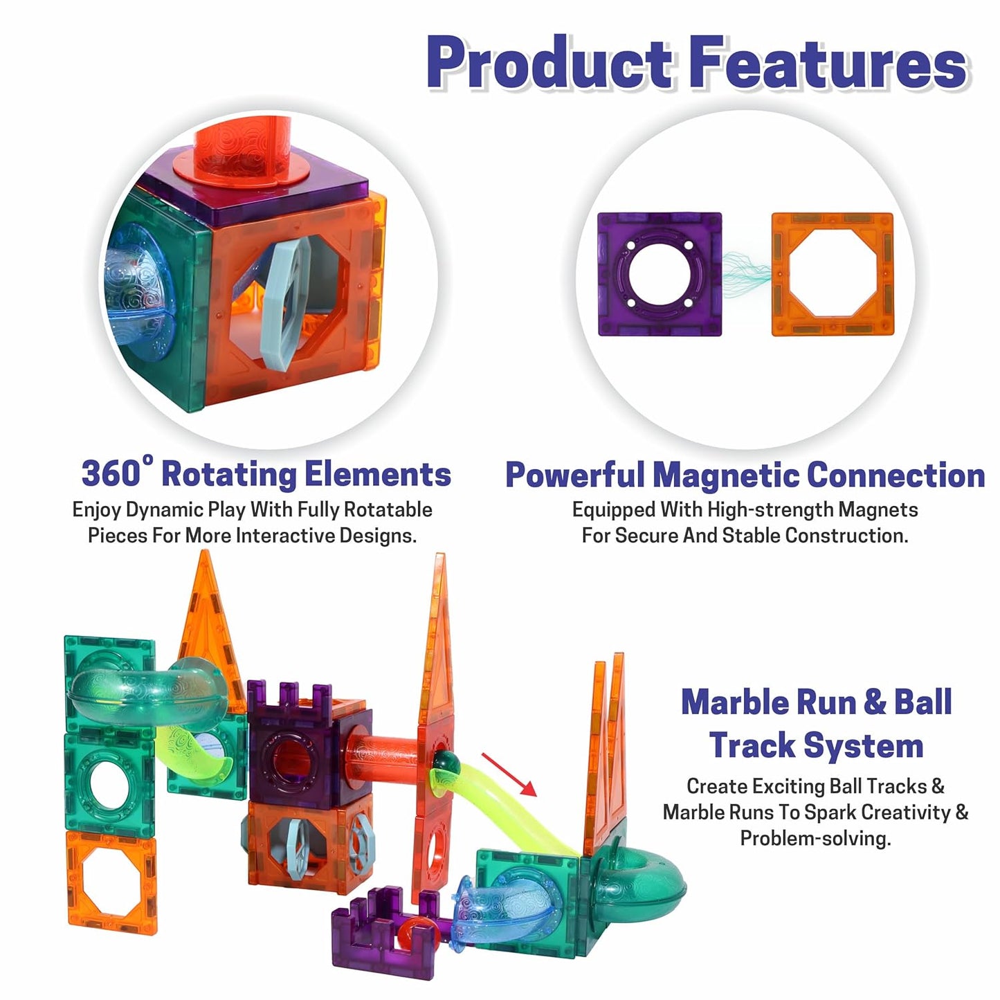 Chanak 48 PCS Magnetic Tiles Building Set for Kids, STEM Educational Learning Toy with Marble Run, Slides, Balls & Windows, 3D Magnetic Blocks for Boys & Girls Ages 3+