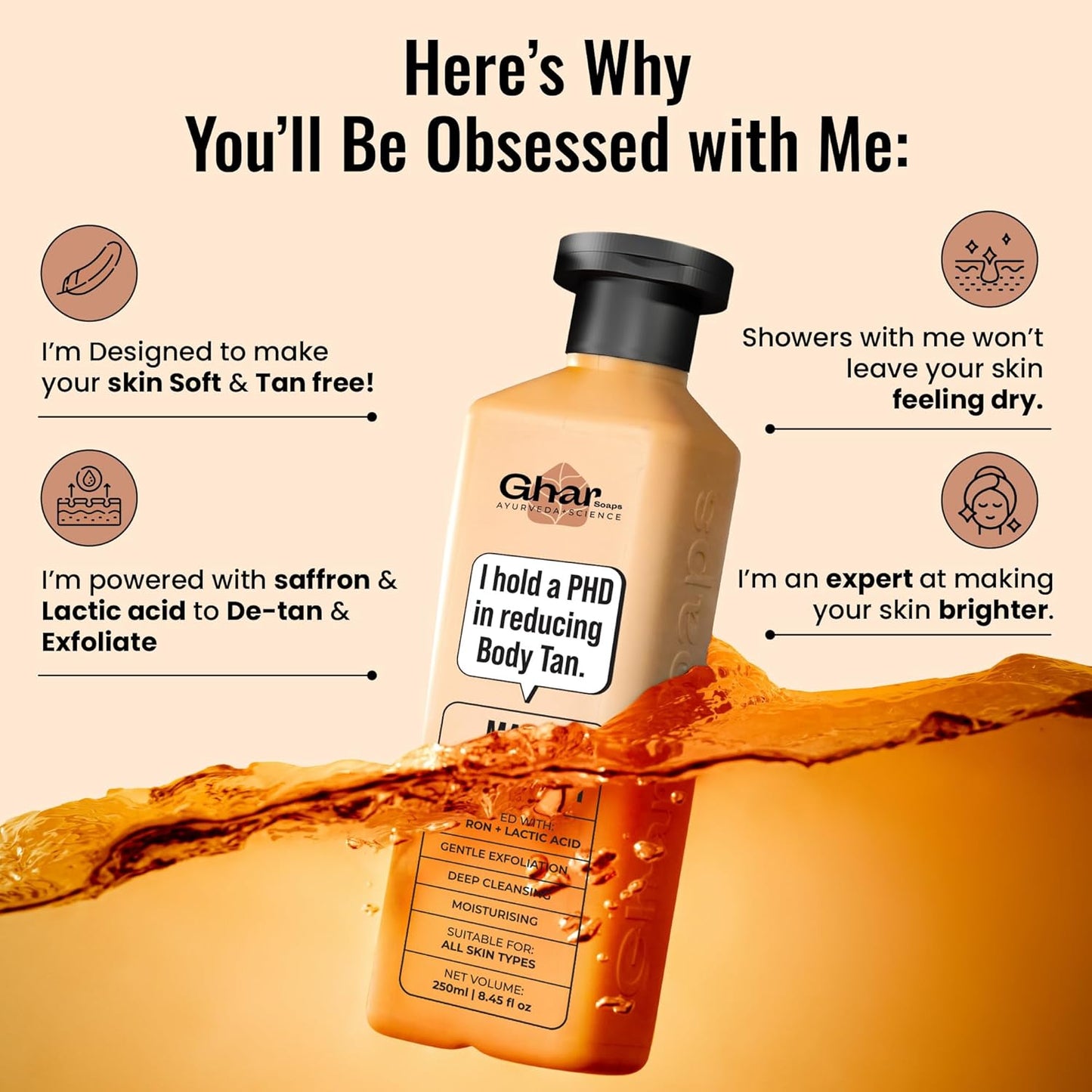 Ghar Soaps De-Tan Body Wash with Saffron & Niacinamide, Paraben-Free