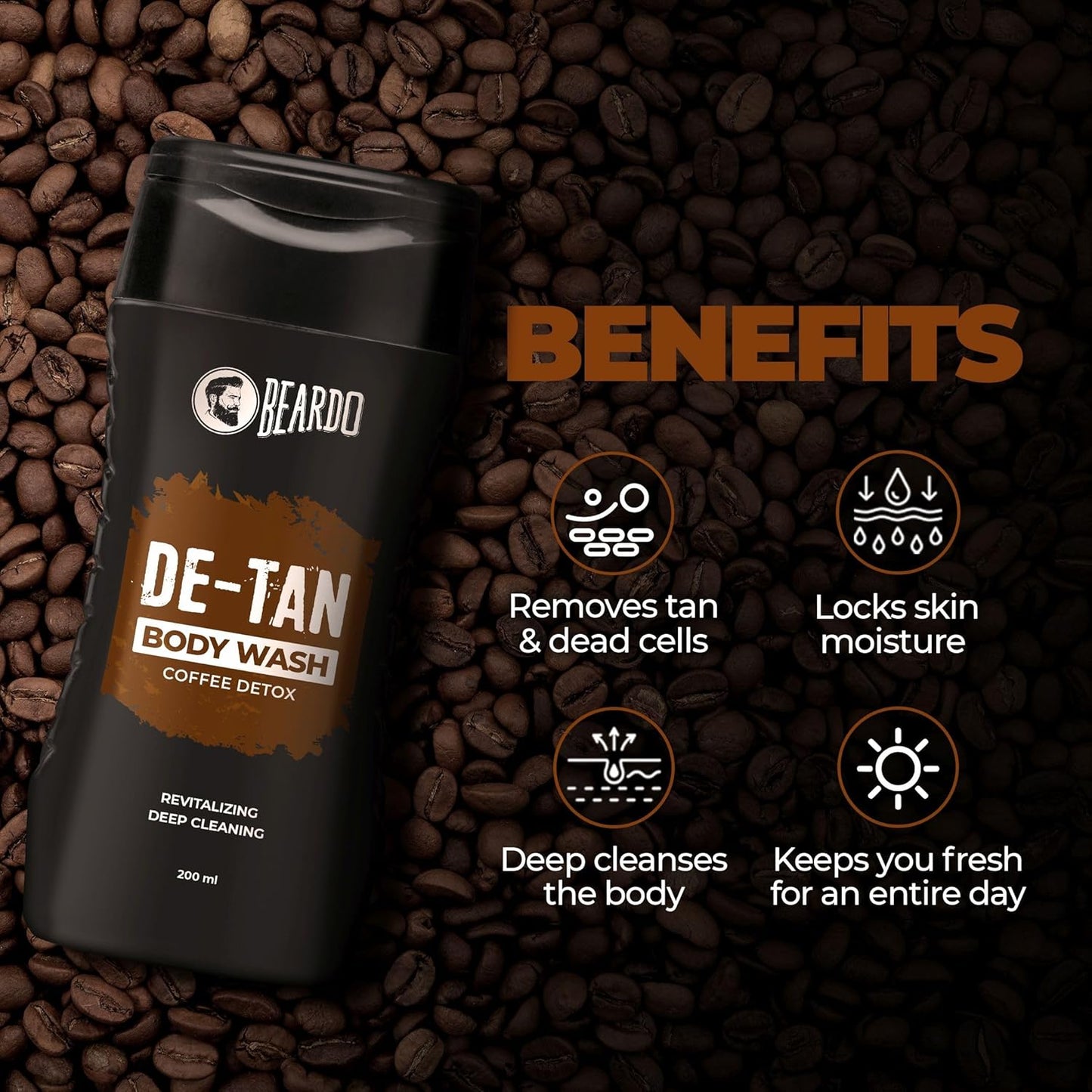 Beardo De-Tan Body Wash for Men, 200ml | Tan Removal and Caffeine Body Wash | Detan With Coffee & Aloe Extracts | For Body & Face | Refreshing Fragrance