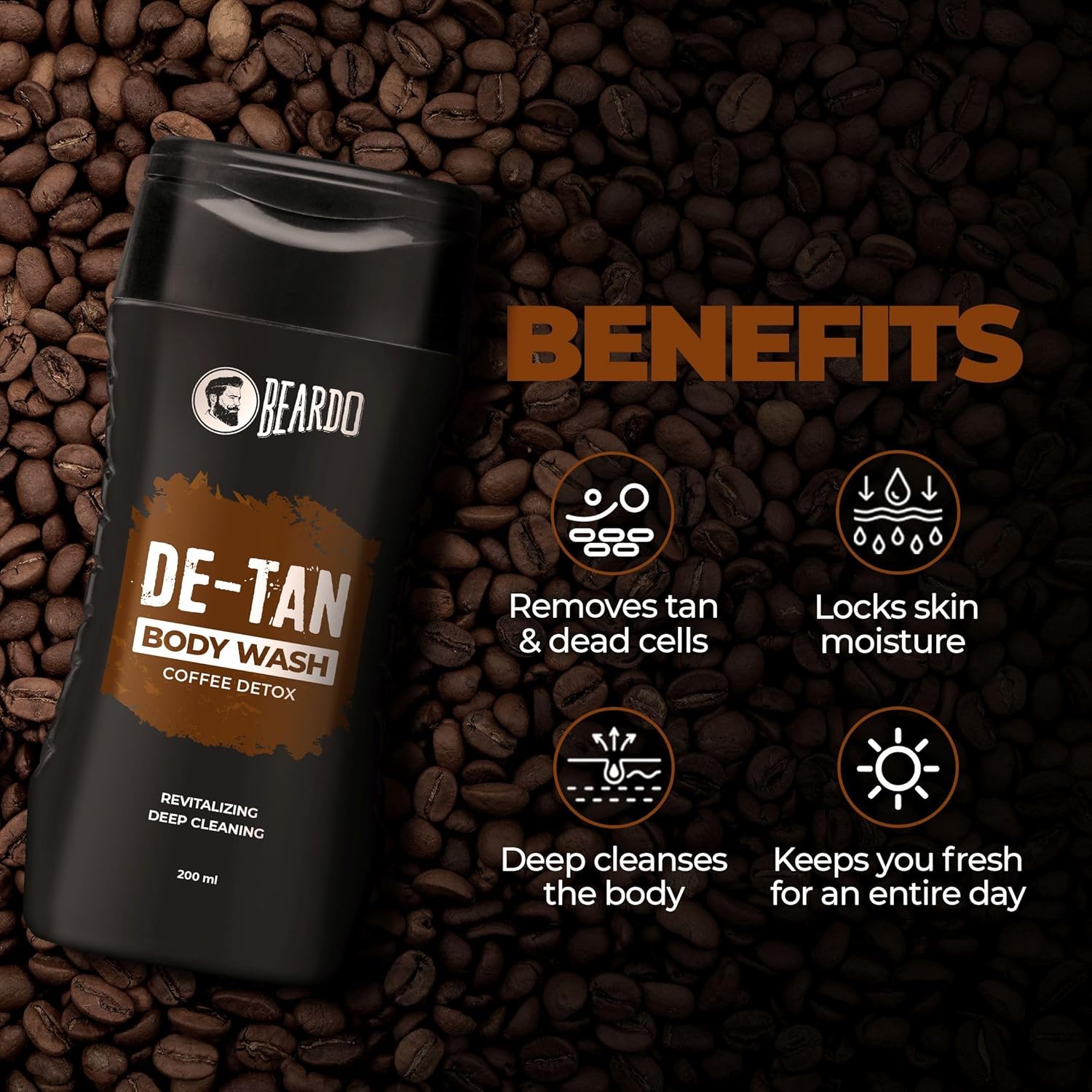 Beardo De-Tan Body Wash for Men, 200ml | Tan Removal and Caffeine Body Wash | Detan With Coffee & Aloe Extracts | For Body & Face | Refreshing Fragrance