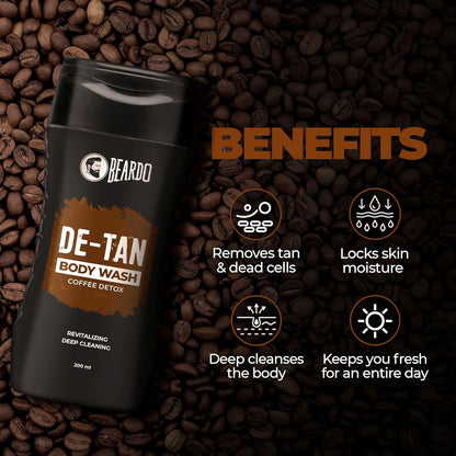 Beardo De-Tan Body Wash for Men, 200ml | Tan Removal and Caffeine Body Wash | Detan With Coffee & Aloe Extracts | For Body & Face | Refreshing Fragrance