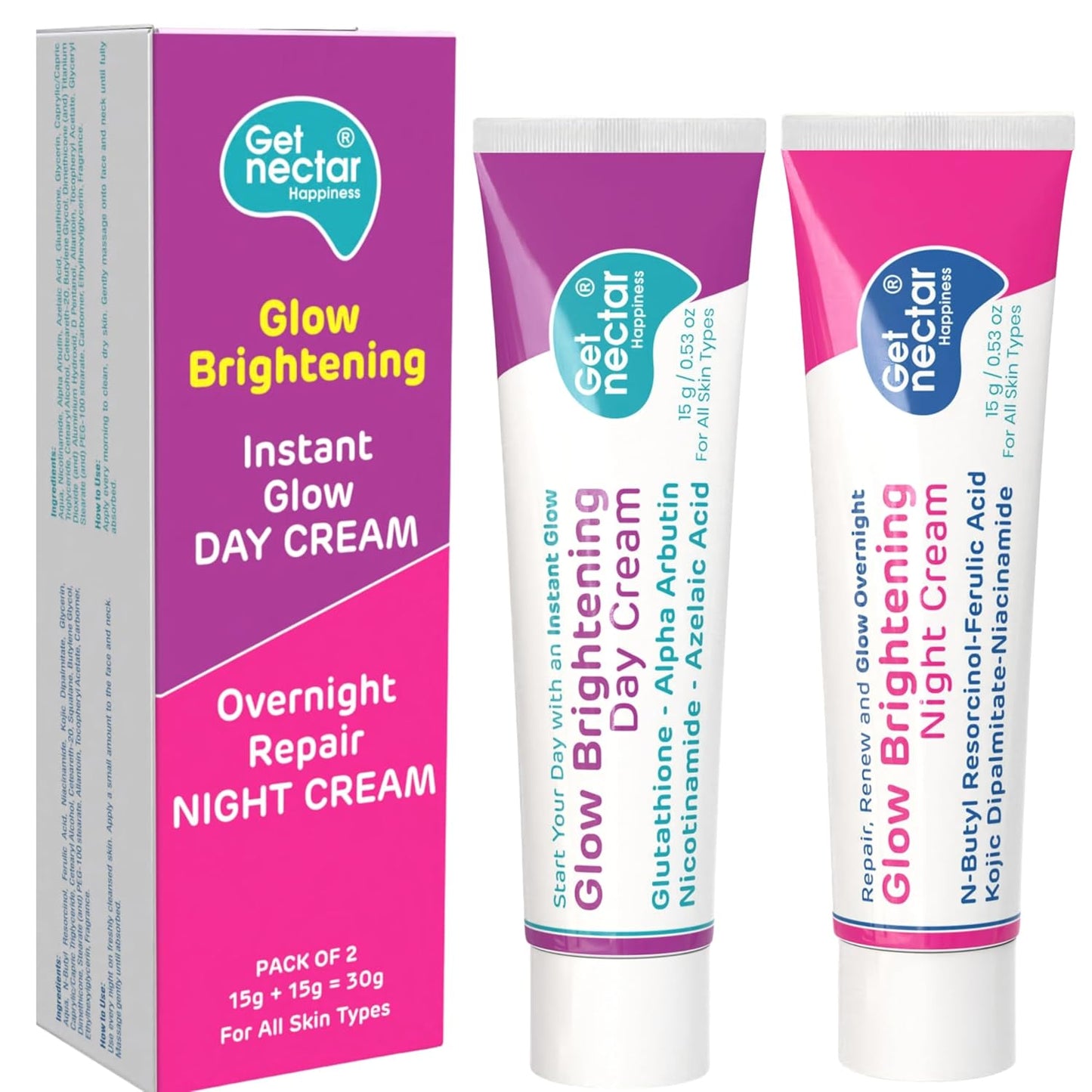 Get Nectar Happiness Glow Brightening Day & Night Cream Duo with Glutathione, Alpha Arbutin, Niacinamide, Kojic Acid & Ferulic Acid for Dark Spots, Pigmentation, Tan Removal & Glowing Skin for Men & Women Lightweight & Non-Greasy