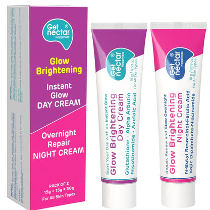 Get Nectar Happiness Glow Brightening Day & Night Cream Duo with Glutathione, Alpha Arbutin, Niacinamide, Kojic Acid & Ferulic Acid for Dark Spots, Pigmentation, Tan Removal & Glowing Skin for Men & Women Lightweight & Non-Greasy