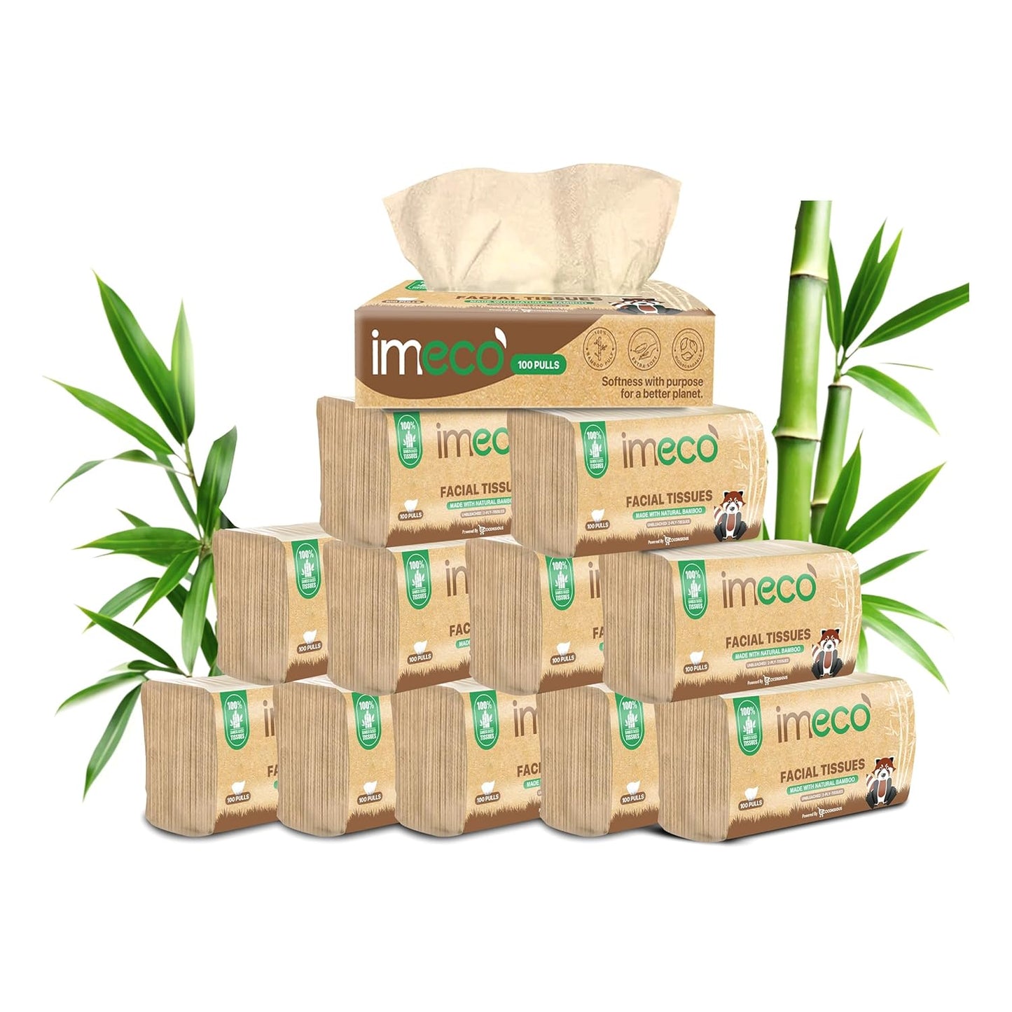 IMECO Bamboo Facial Tissues 600 Pulls 2-Ply Soft Eco-Friendly Pack of 6