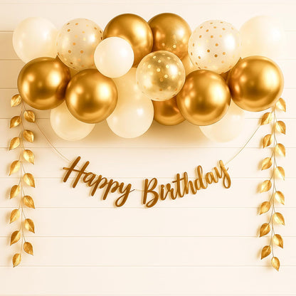 The FOMO Factory Golden Birthday Decoration Kit | Golden Balloons for Decoration, Banner, Aritficial Leaves, Confetti – Easy Unique Husband Wife Birthday Decoration Ideas – Surprise Party (GVine)