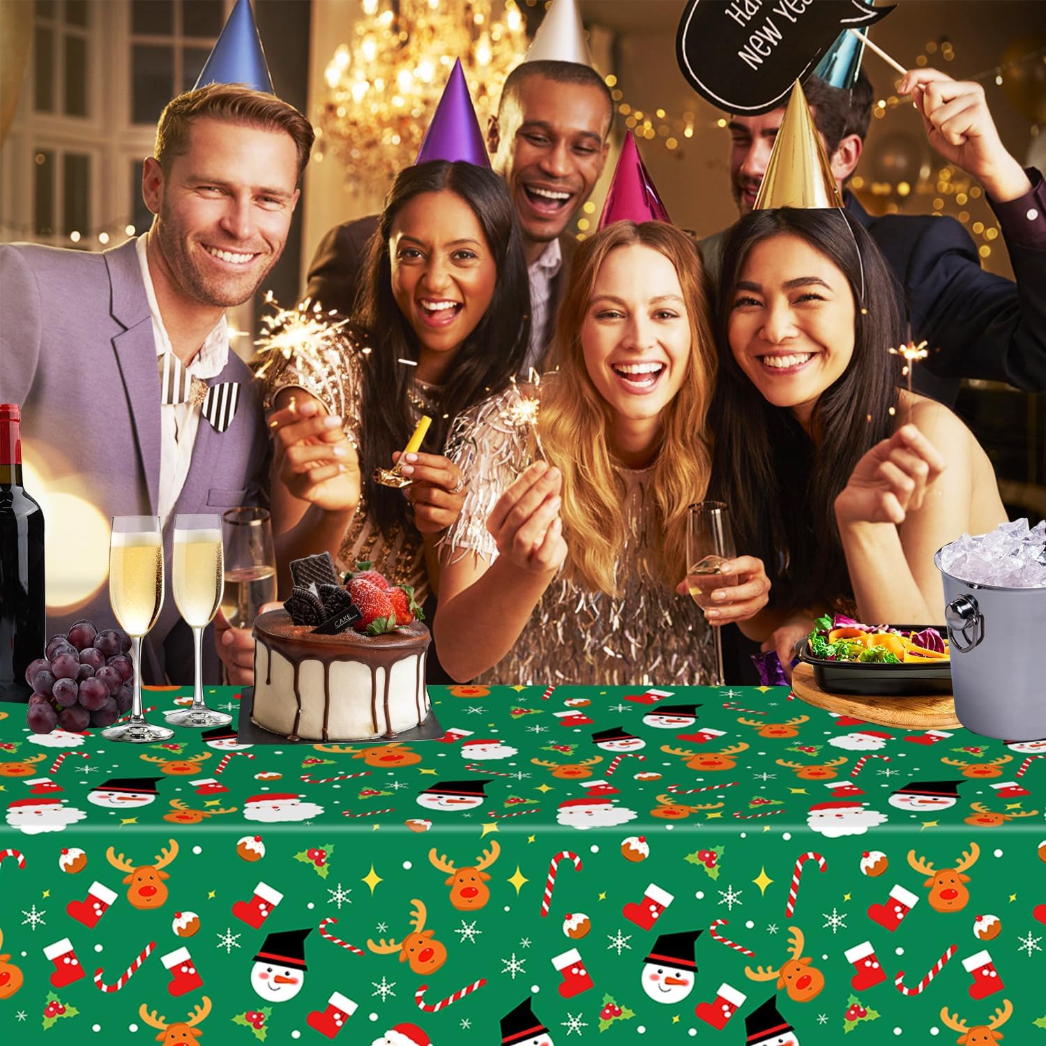 Green Christmas Tablecloth 137x274cm - Durable, Wipe-Clean Holiday Cover