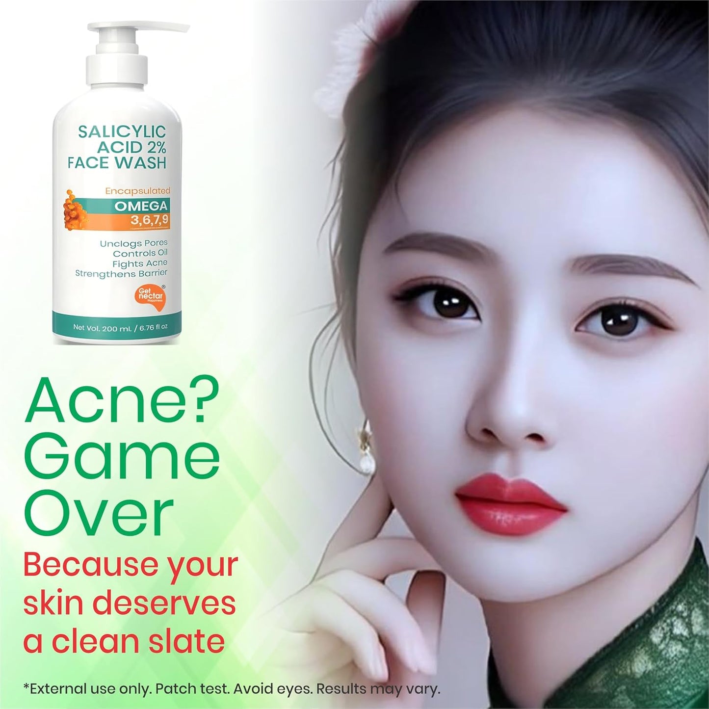 Get Nectar Happiness Korean Glow Essence Face Wash for Oily & Acne-Prone Skin | 2% Salicylic Acid | Encapsulated | Omega 3,6,7,9 | Unclogs Pores, Controls Oil, Fights Acne, Soothes Redness 200ml