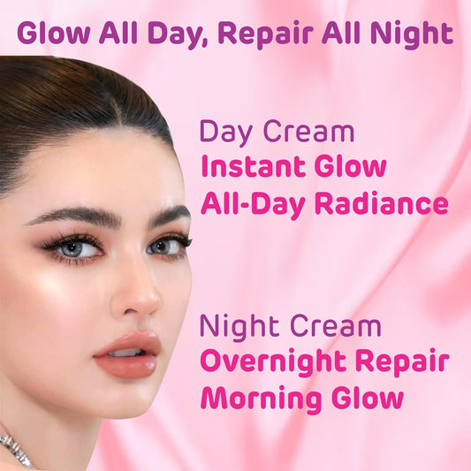 Get Nectar Happiness Glow Brightening Day & Night Cream Duo with Glutathione, Alpha Arbutin, Niacinamide, Kojic Acid & Ferulic Acid for Dark Spots, Pigmentation, Tan Removal & Glowing Skin for Men & Women Lightweight & Non-Greasy