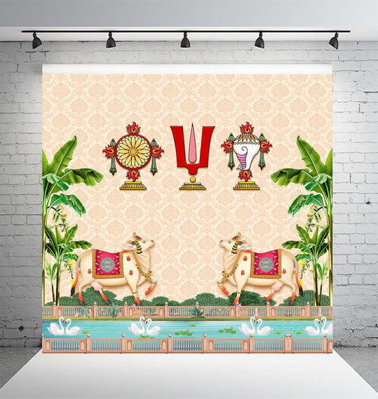 Tilak Shankam and Chakram (8FT-8FT) Backdrop Cloth for Pooja Decoration Traditional Background Curtain Cloth for Festival. (Washable Fabric)