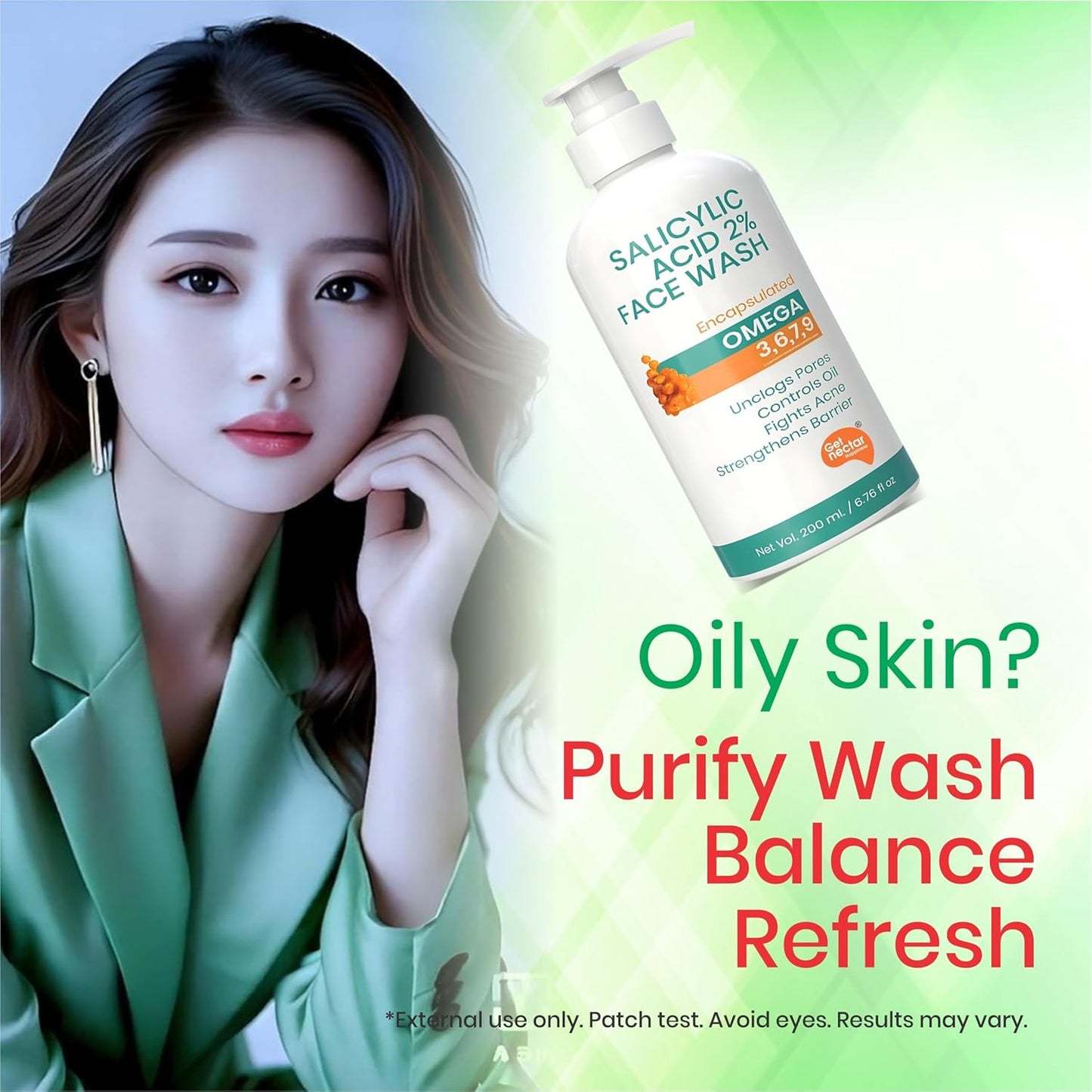 Get Nectar Happiness Korean Glow Essence Face Wash for Oily & Acne-Prone Skin | 2% Salicylic Acid | Encapsulated | Omega 3,6,7,9 | Unclogs Pores, Controls Oil, Fights Acne, Soothes Redness 200ml