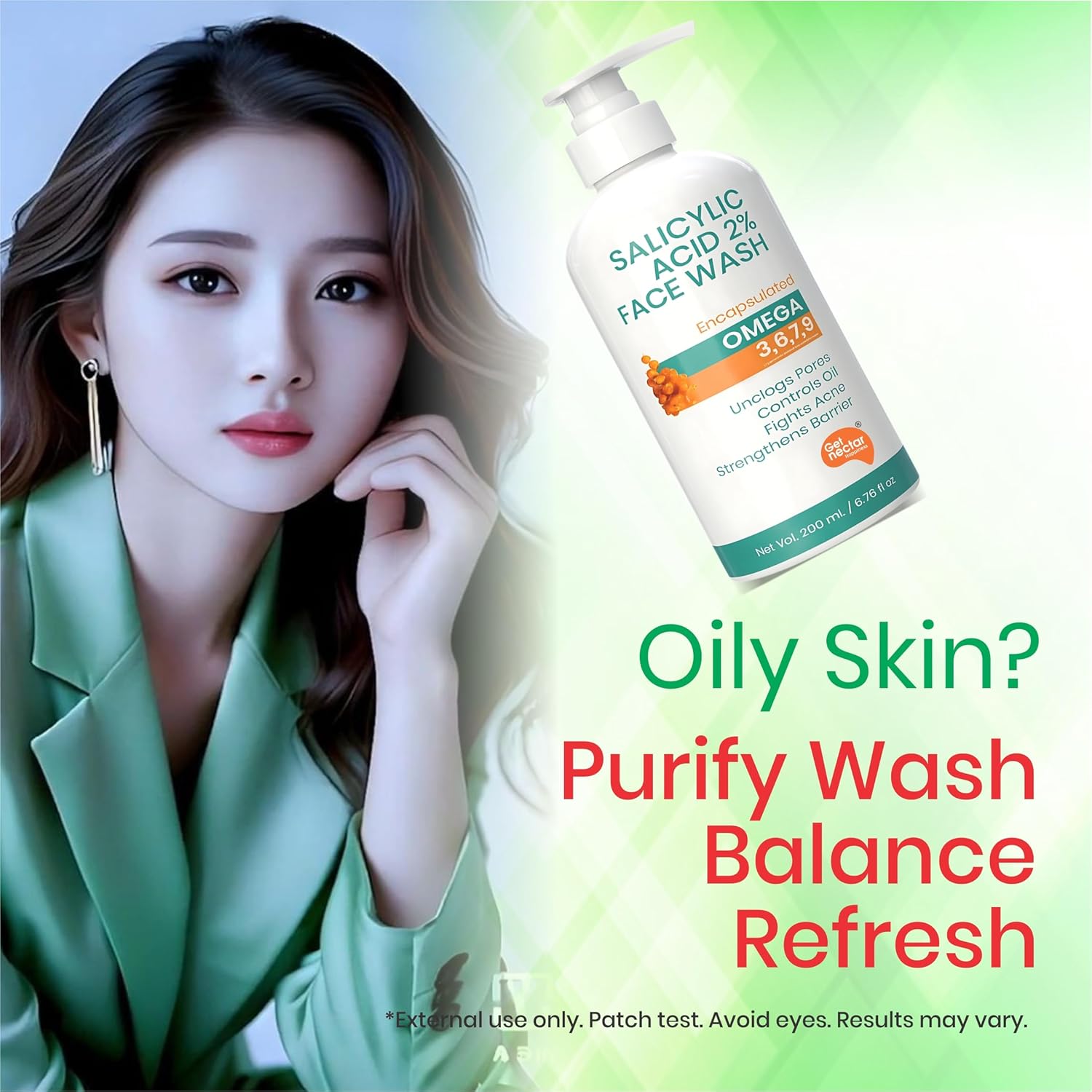 Get Nectar Happiness Korean Glow Essence Face Wash for Oily & Acne-Prone Skin | 2% Salicylic Acid | Encapsulated | Omega 3,6,7,9 | Unclogs Pores, Controls Oil, Fights Acne, Soothes Redness 200ml