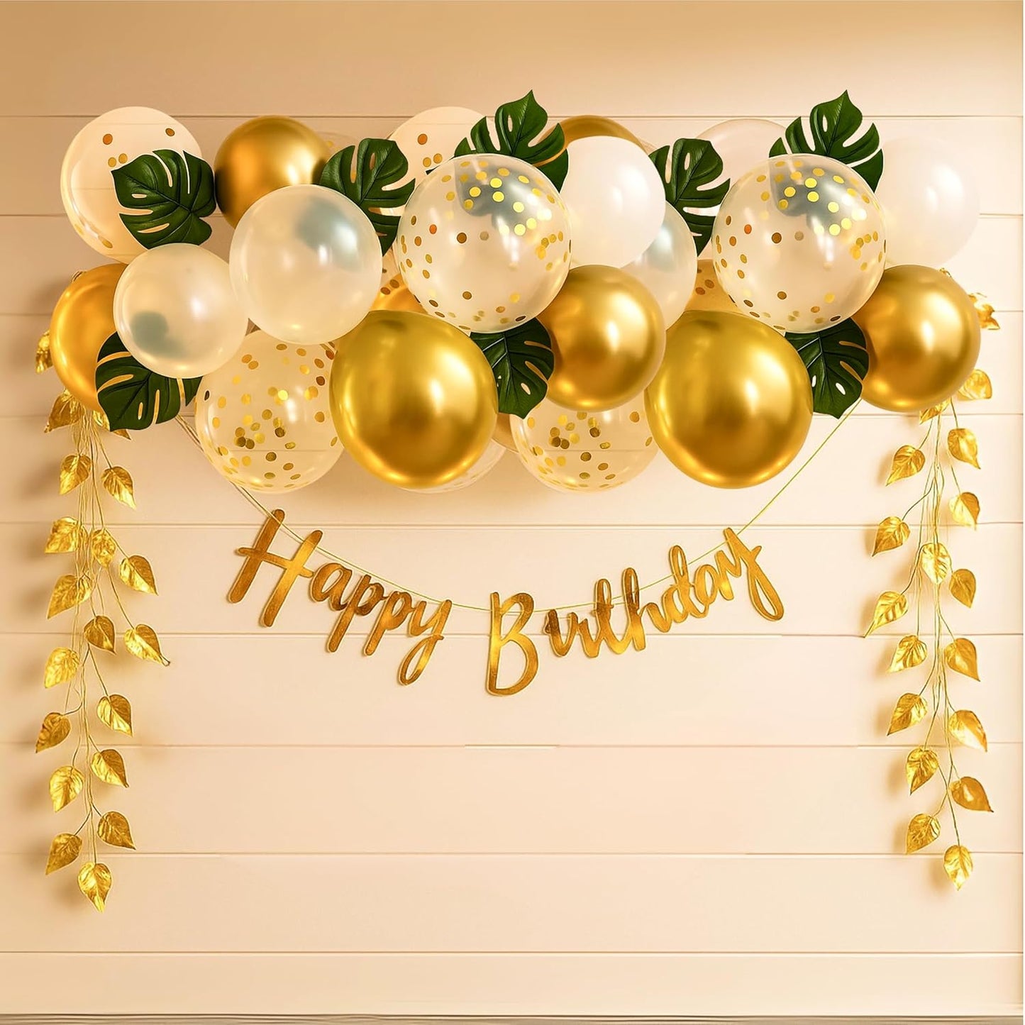 The FOMO Factory Golden Birthday Decoration Kit | Golden Balloons for Decoration, Banner, Aritficial Leaves, Confetti – Easy Unique Husband Wife Birthday Decoration Ideas – Surprise Party (GVine)