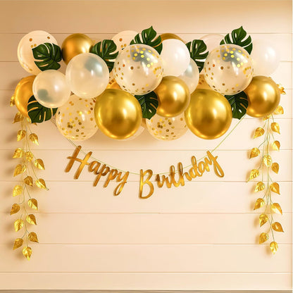 The FOMO Factory Golden Birthday Decoration Kit | Golden Balloons for Decoration, Banner, Aritficial Leaves, Confetti – Easy Unique Husband Wife Birthday Decoration Ideas – Surprise Party (GVine)