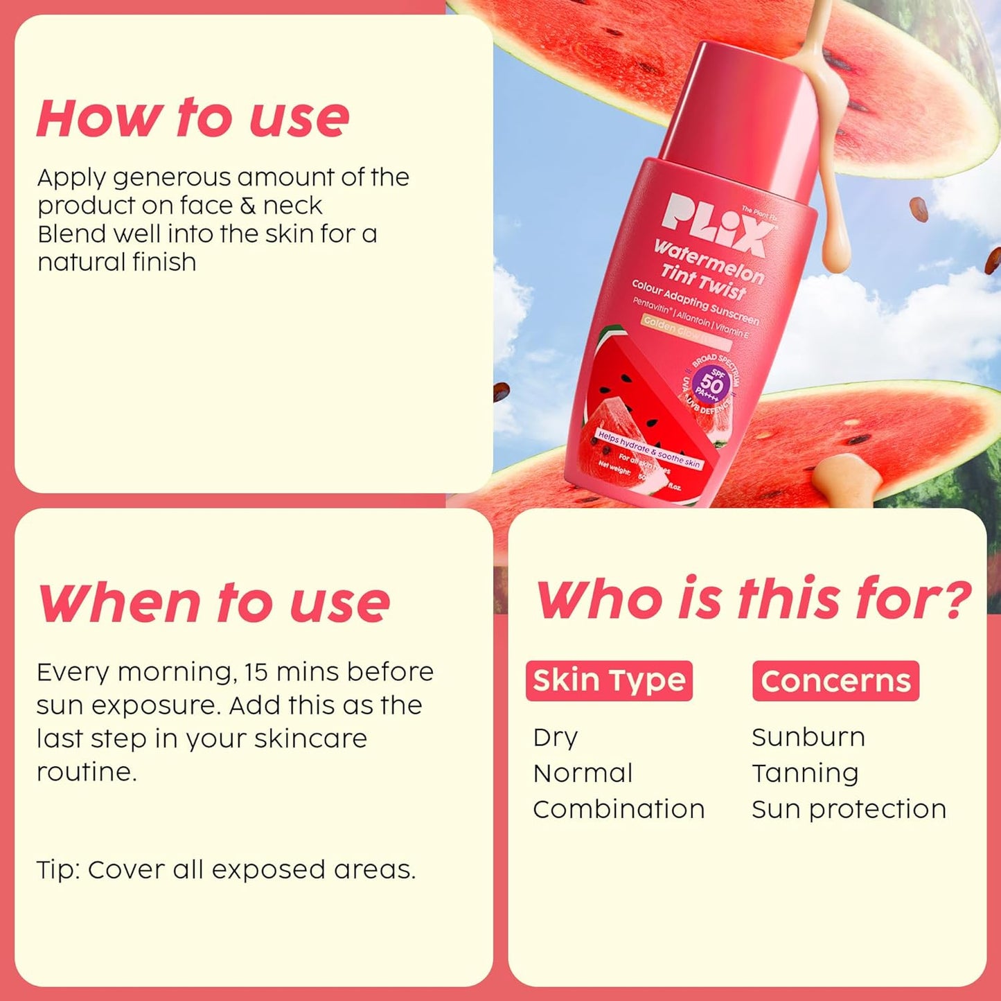 Plix Watermelon Tint SPF 50 Sunscreen for Light Glow & Sun Repair