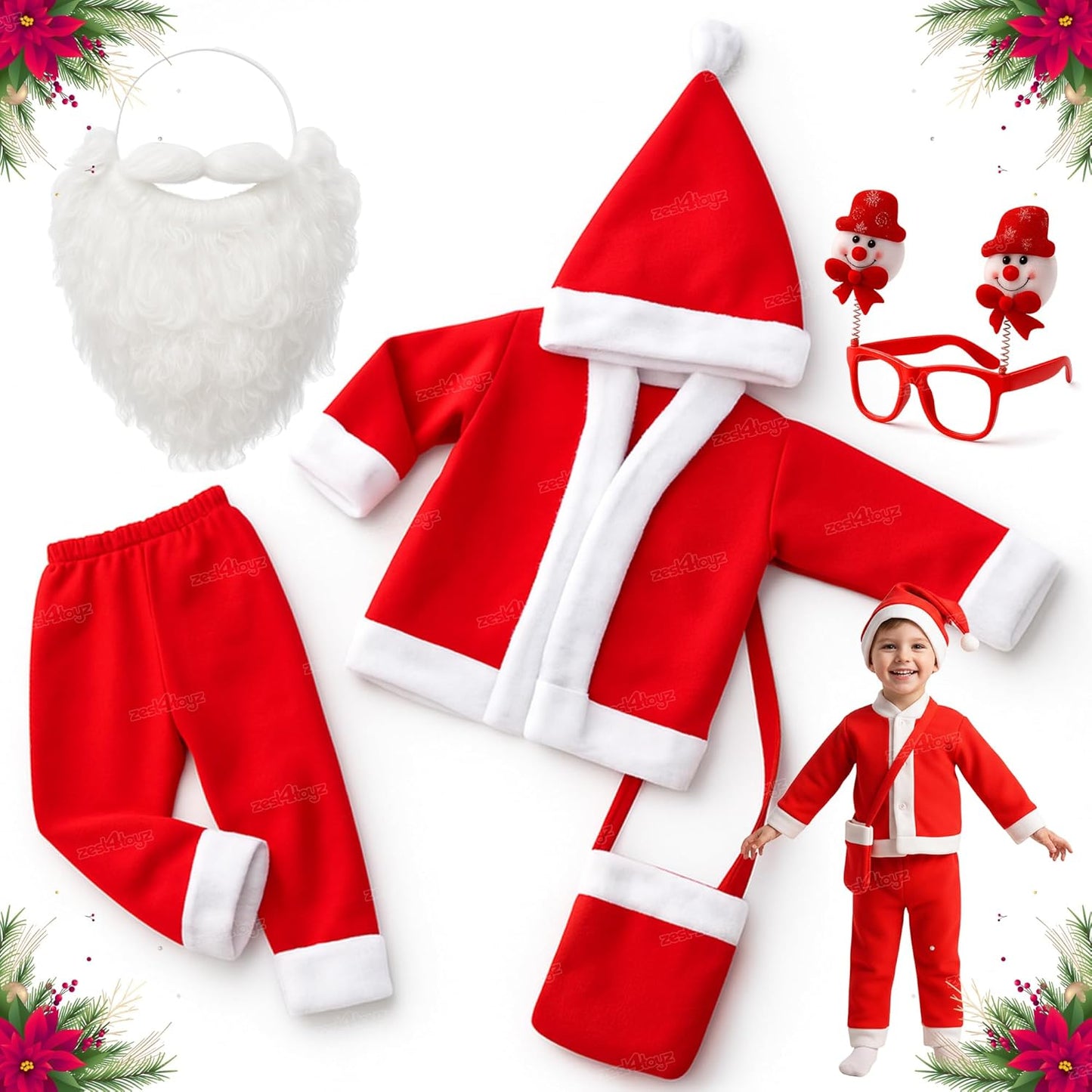 Kids Santa Claus Costume Set with Jacket, Pants, Cap, Goggles, Beard, Pouch