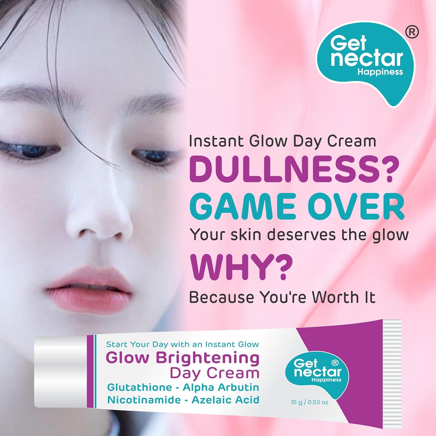 Get Nectar Happiness Glow Brightening Day & Night Cream Duo with Glutathione, Alpha Arbutin, Niacinamide, Kojic Acid & Ferulic Acid for Dark Spots, Pigmentation, Tan Removal & Glowing Skin for Men & Women Lightweight & Non-Greasy