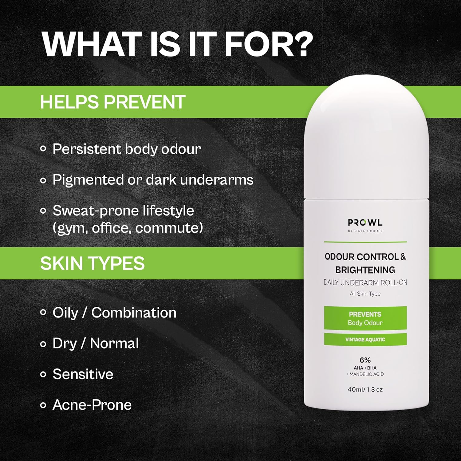 PROWL Men's AHA BHA Underarm Roll-On Deodorant, 40ml
