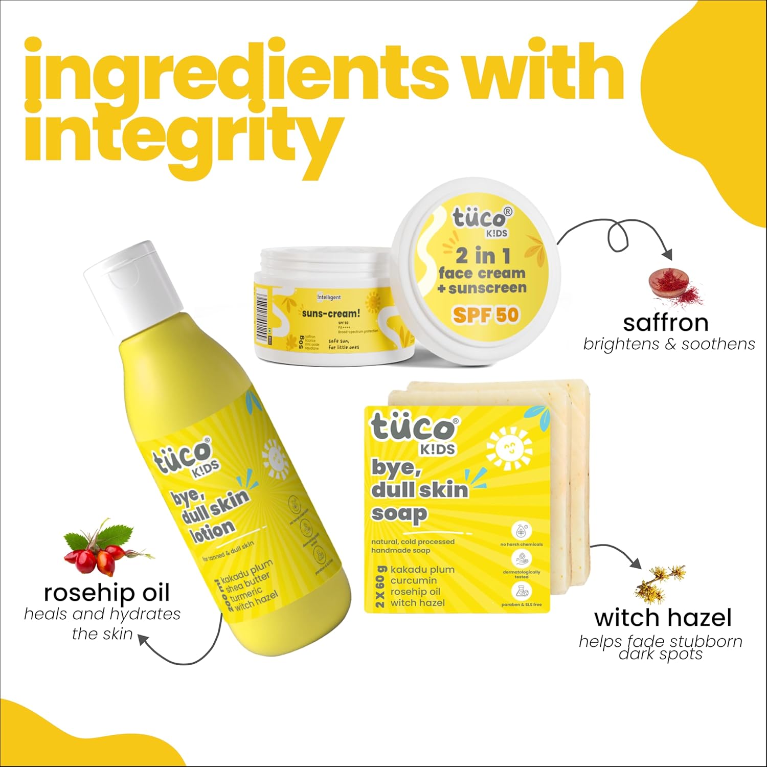 TuCo Kids Dull Skin Kit - Soap (60 gm x 2), Lotion (200 ml) & Sunscreen (50 gm), Safe, Paraben Free & Sulfate Free for Ages 3-15 (Combo Pack of 3)