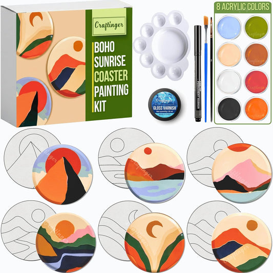 Craftinger Coaster Painting Kit for Kids | DIY Art & Craft Set with 6 Pre-Marked Coasters, Acrylic Colors, Brushes, Palette Tray & Gloss Varnish | Creative Painting Gift Box for Boys & Girls, Home, Office, Activity, Coloring Tea Cup Table Birthday Kitchen