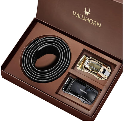 WildHorn Men’s Leather Belt Gift Set | Genuine Leather belt Strap with 2 Interchangeable Buckles (Black & Gold) | Formal & Casual Wear Adjustable Belt | Automatic lock leather belt for men