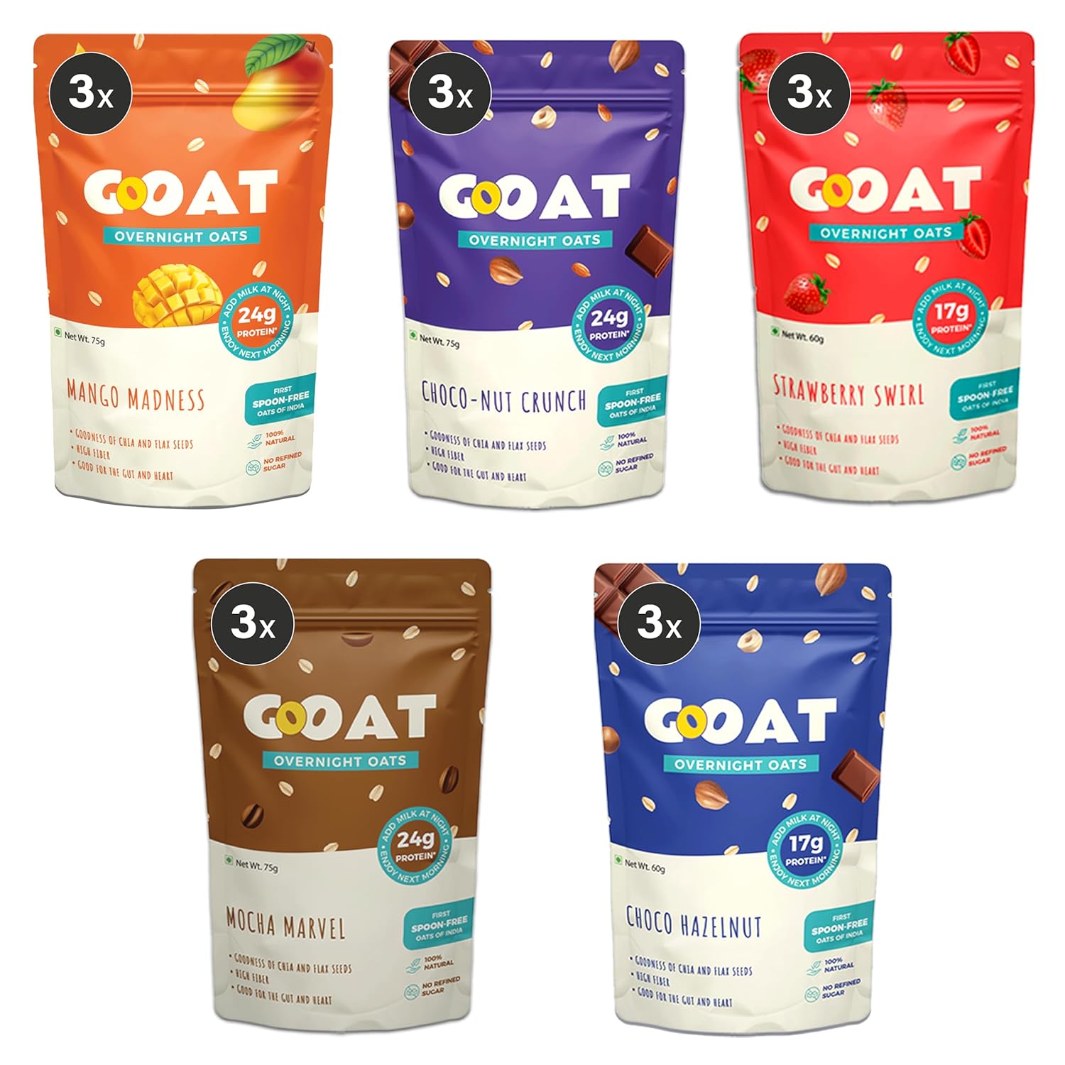 GOAT Life Overnight Oats 420g (Pack of 6) | Assorted High Protein (24g, 17g) | Fibre-Rich,Gluten-Free, No Added Sugar | Instant Breakfast | Supports Weight Management & Muscle Recovery | Healthy Meal