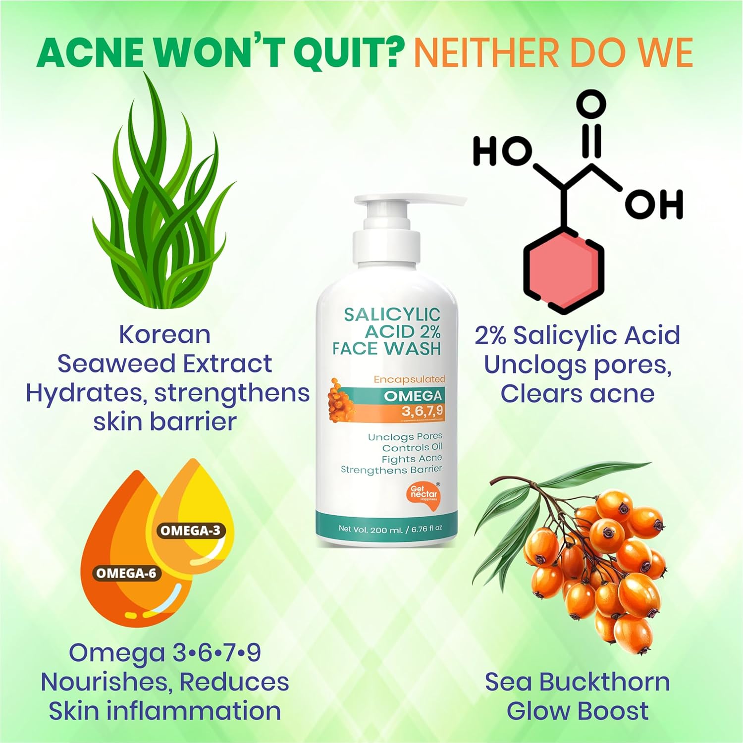 Get Nectar Happiness Korean Glow Essence Face Wash for Oily & Acne-Prone Skin | 2% Salicylic Acid | Encapsulated | Omega 3,6,7,9 | Unclogs Pores, Controls Oil, Fights Acne, Soothes Redness 200ml