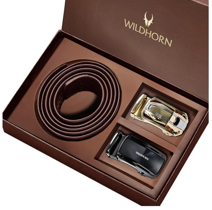 WildHorn Men’s Leather Belt Gift Set | Genuine Leather belt Strap with 2 Interchangeable Buckles (Black & Gold) | Formal & Casual Wear Adjustable Belt | Automatic lock leather belt for men