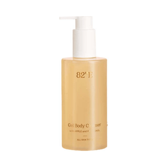 Beige bottle of 82nd & Brown Gel Body Cleanser with pump on a white background