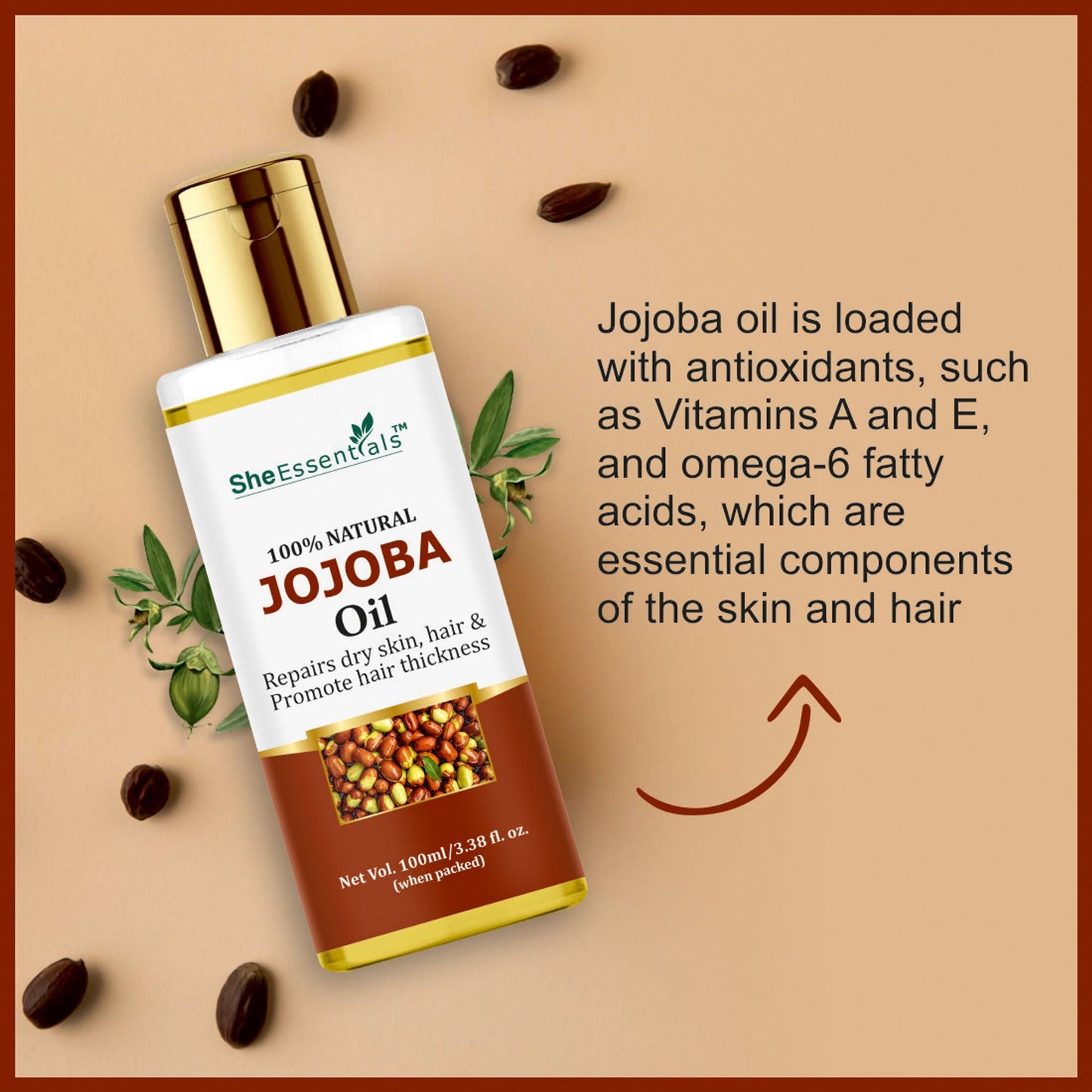 She Essentials Pure Cold Pressed Natural Unrefined Jojoba Oil For Face, Hair & Skin
