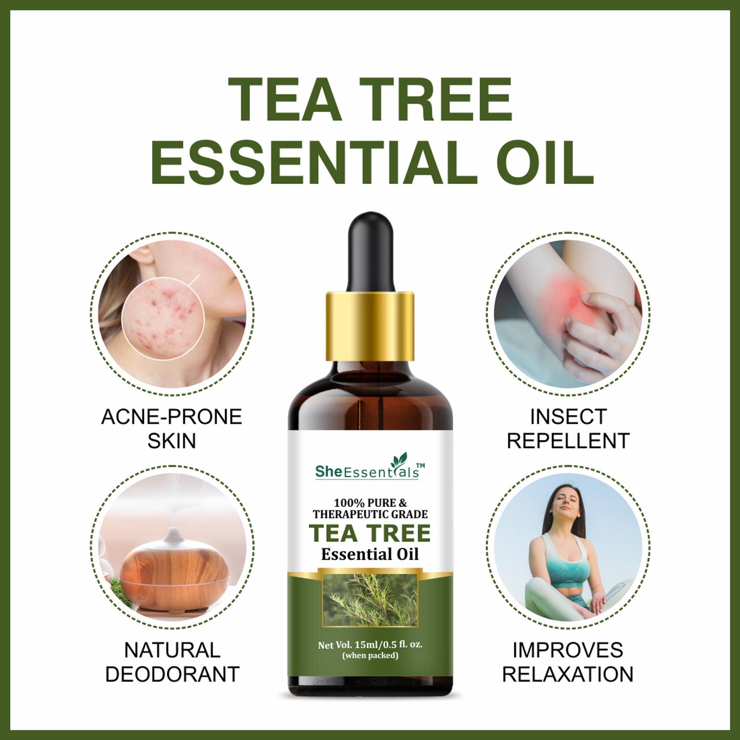 She Essentials Tea Tree Essential Oil For Active Acne & Pimples, Blemishes & Flakes, Organic & Pure