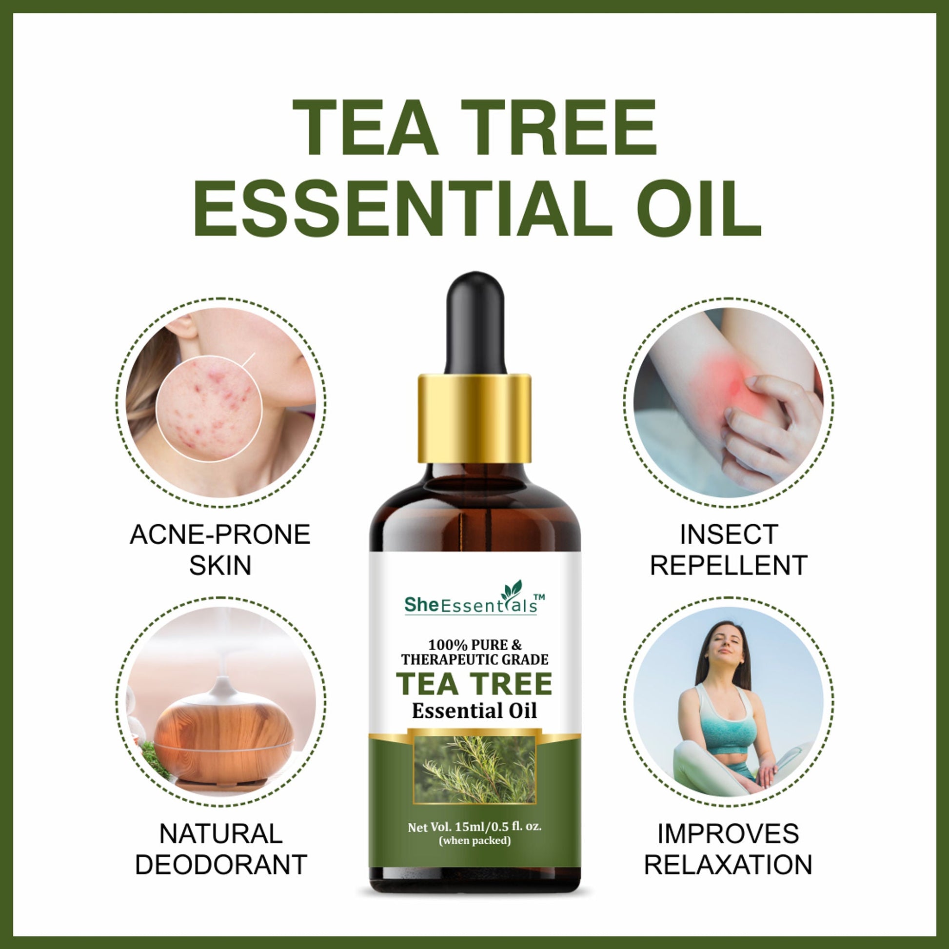 She Essentials Tea Tree Essential Oil For Active Acne & Pimples, Blemishes & Flakes, Organic & Pure
